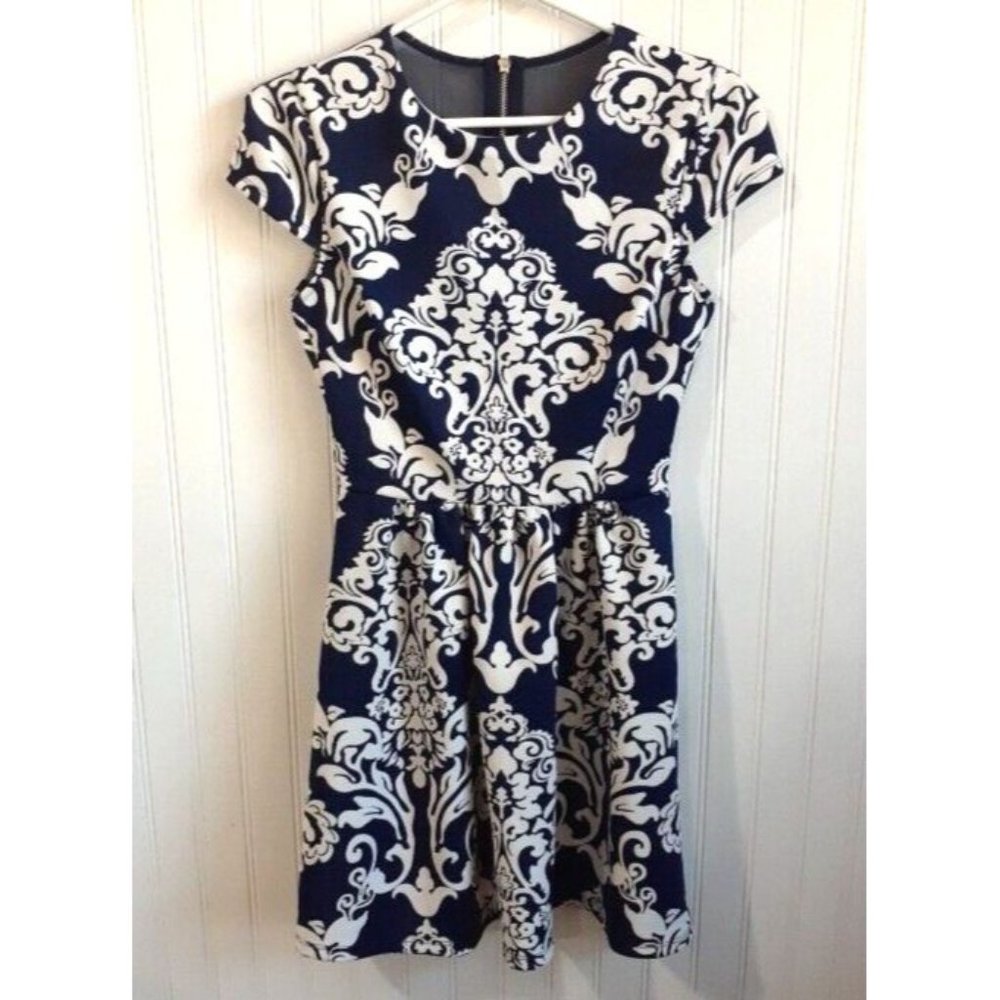 B. Darlin Womens 5/6 Navy Blue Floral Fit & Flare Mini Dress Back Mesh Zip UP